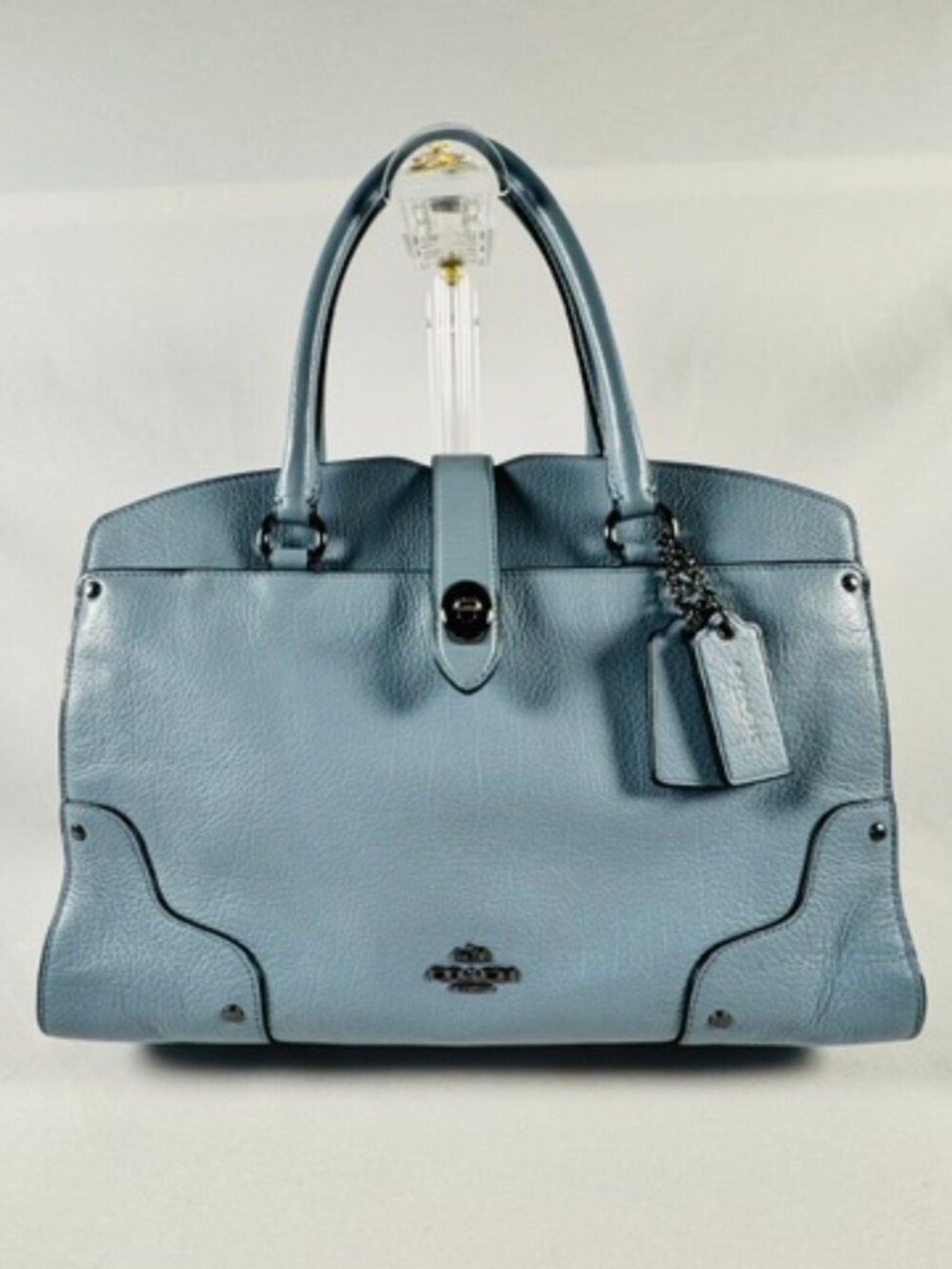 COACH Mercer Satchel 37575 Powder Blue Leather Crossbody Turnlock Closure